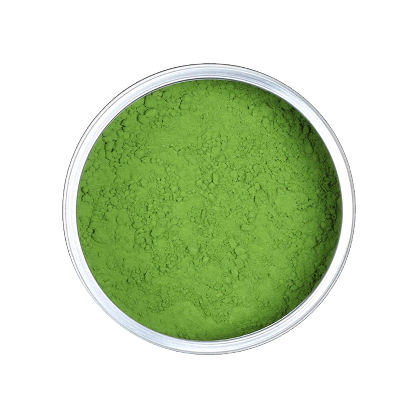 Pulver Bio Matcha Mittsu in der Dose, frontal von oben