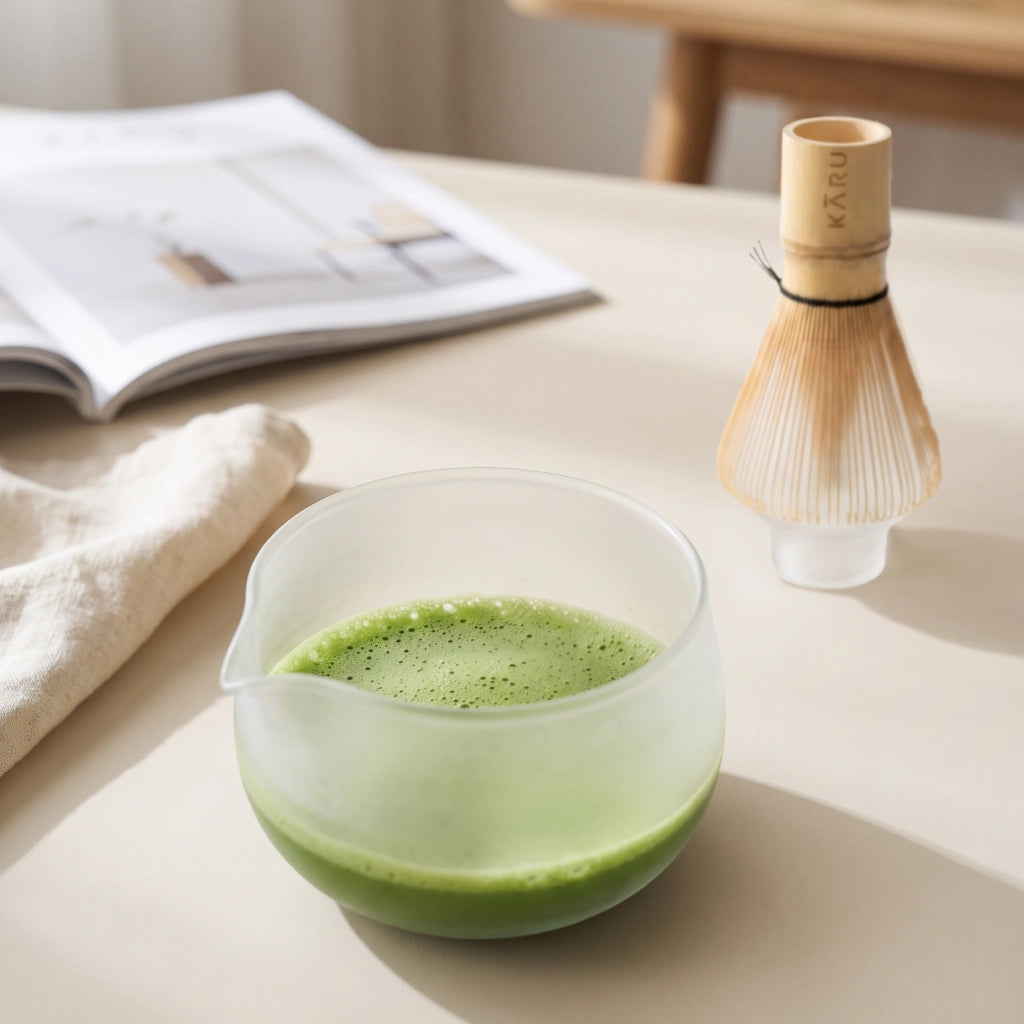 Matcha Schale aus Glas mit Ausguss | frosted
